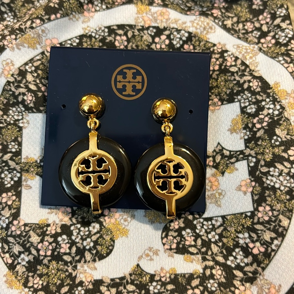 Tory Burch Gold and Black Logo Earrings